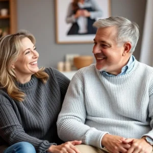 A man and woman sitting on the couch smiling.