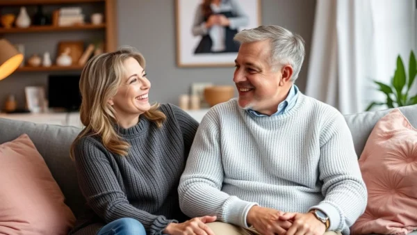 A man and woman sitting on the couch smiling.