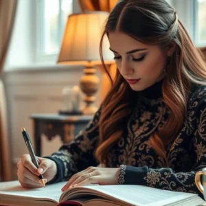 A woman writing in a book with a pen.