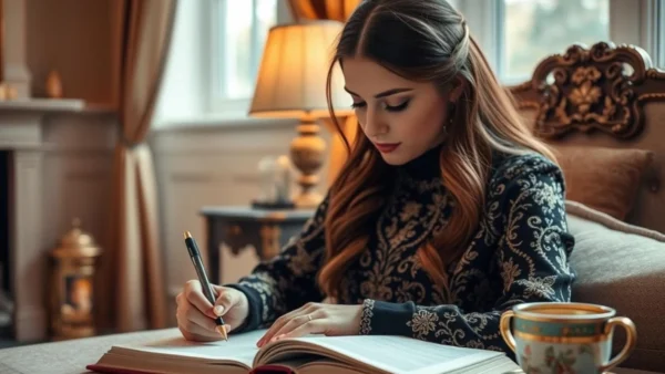 A woman writing in a book with a pen.