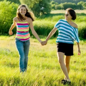 Two women holding hands while walking through a field.