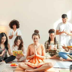 A group of people sitting in the middle of a room.