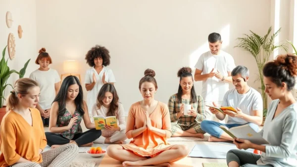 A group of people sitting in the middle of a room.