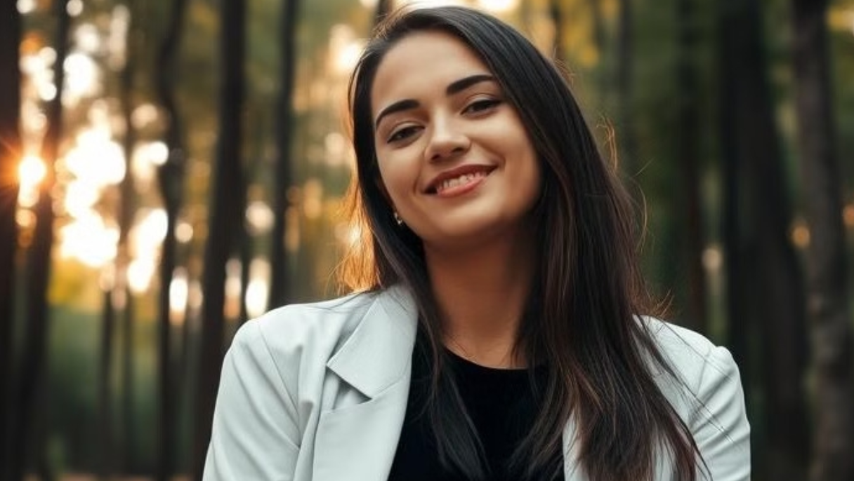 A woman with long hair and a jacket on.