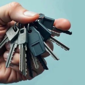 A hand holding keys with many different types of keys.