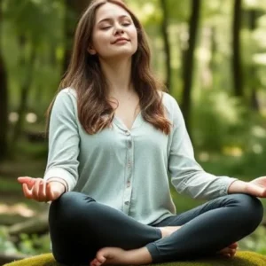 A woman sitting in the middle of a forest.