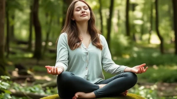 A woman sitting in the middle of a forest.